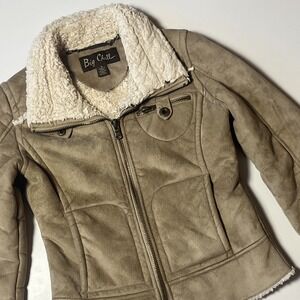 Big Chill Tan Faux Suede Sherpa Lined Moto Jacket Small Short Aviator Style Coat